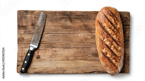 A rustic wooden breadboard with knife marks isolated on a pure white background, --no shadows photo