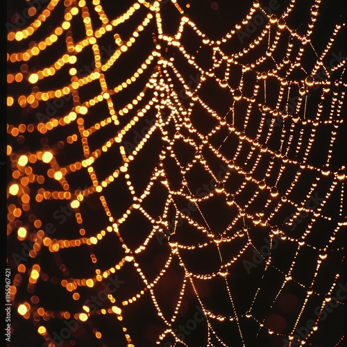 A close-up of a spider web adorned with glistening droplets, creating a shimmering effect. photo