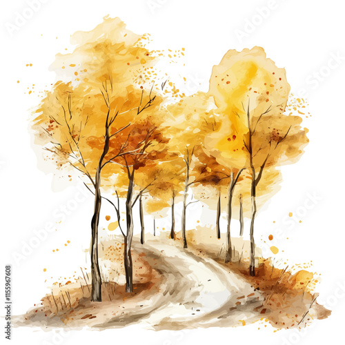 A watercolor illustration of a fall woodland path with golden trees, isolated on a white background. Woodland path vector.
