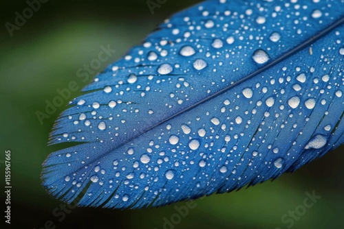 Close-up of a blue feather with water droplets highlighting its intricate det...