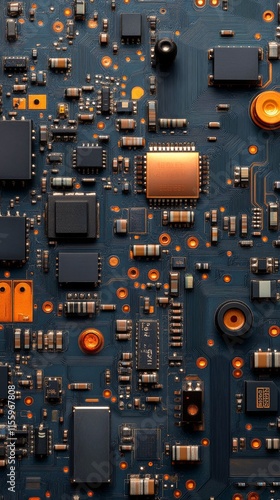 Close-up view of a complex green circuit board with various electronic compon...