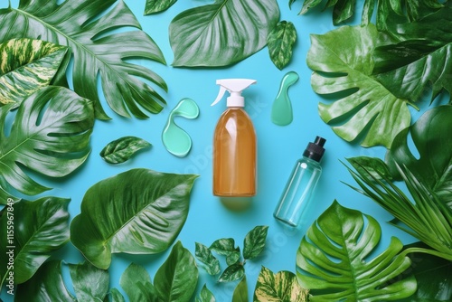 Green skincare bottles surrounded by lush leaves on a soft blue background fo...