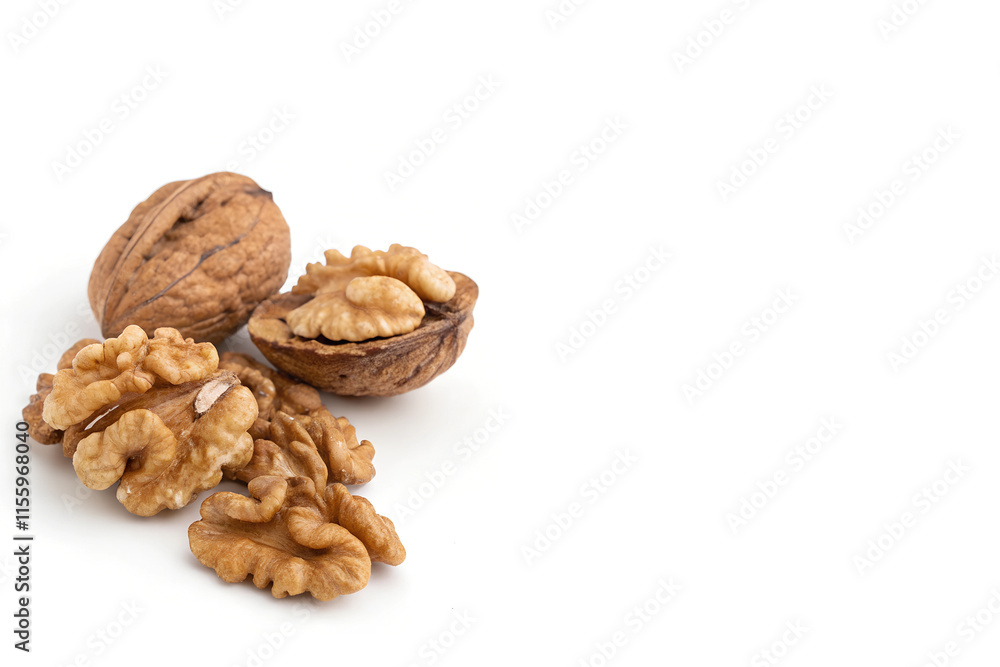 Whole and Shelled Walnuts – Versatile Nutty Ingredients Placed on Left Side of White Background with Copy Space Whole and Shelled Walnuts – Versatile Nutty Ingredients Placed on Left Side of White Background with Copy Space