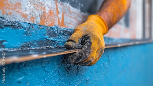 Worker applying blue paint to a wall using a trowel in a renovation project