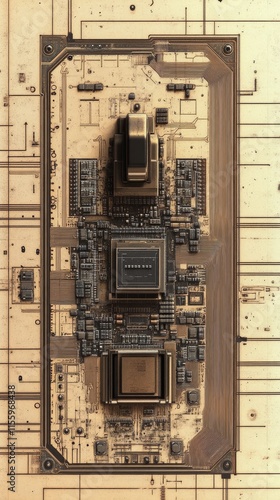 Close-up view of a complex green circuit board with various electronic compon...