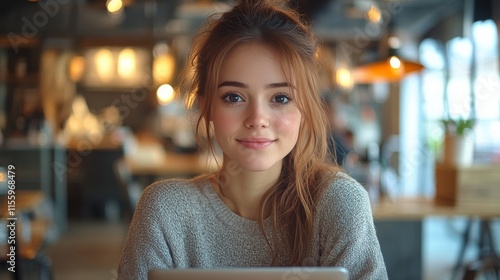 Young man working on laptop in cozy cafe with warm lighting and artistic decor
