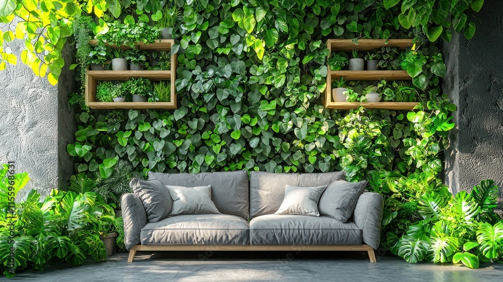 Gray sofa against a lush vertical garden wall. Gray sofa against a lush vertical garden wall.
