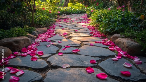 Cherry blossom petals scattered on a cobblestone path in a serene garden duri...