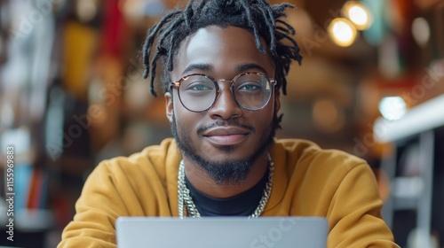 Young man working on laptop in cozy cafe with warm lighting and artistic decor