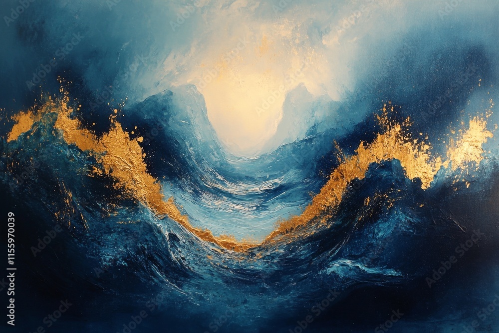 Naklejka premium Abstract art featuring bold blue strokes and gold accents on light background