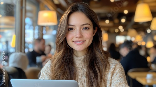 Young man working on laptop in cozy cafe with warm lighting during afternoon