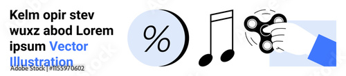 Percentage symbol, music note, hand with fidget spinner in modern design. Ideal for finance, entertainment, mental health, education, marketing, presentations, infographics, and social media