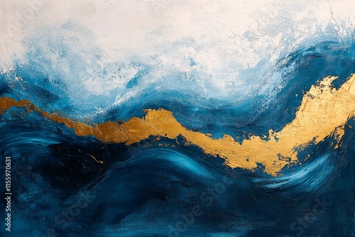 Abstract art featuring bold blue strokes and gold accents on light background
