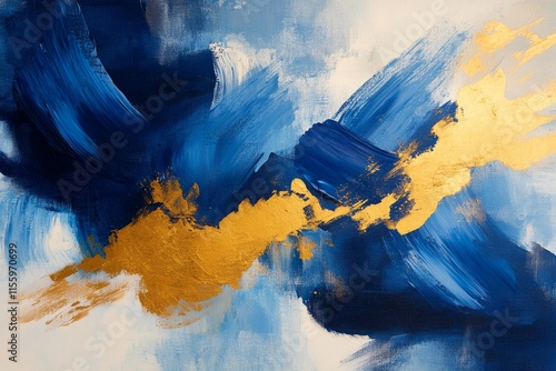 Abstract art featuring bold blue strokes and gold accents on light background