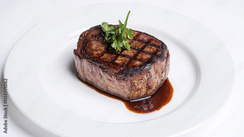 Grilled beef steak on white plate with herb garnish for gourmet dining and culinary presentations Grilled beef steak on white plate with herb garnish for gourmet dining and culinary presentations