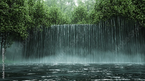 Lush green forest waterfall cascading into calm water.