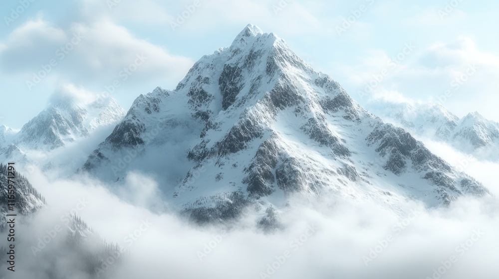 Majestic Snowy Mountain Peak Enveloped in Clouds Majestic Snowy Mountain Peak Enveloped in Clouds