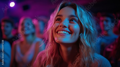 Smiling young woman enjoying a lively atmosphere in a vibrant setting