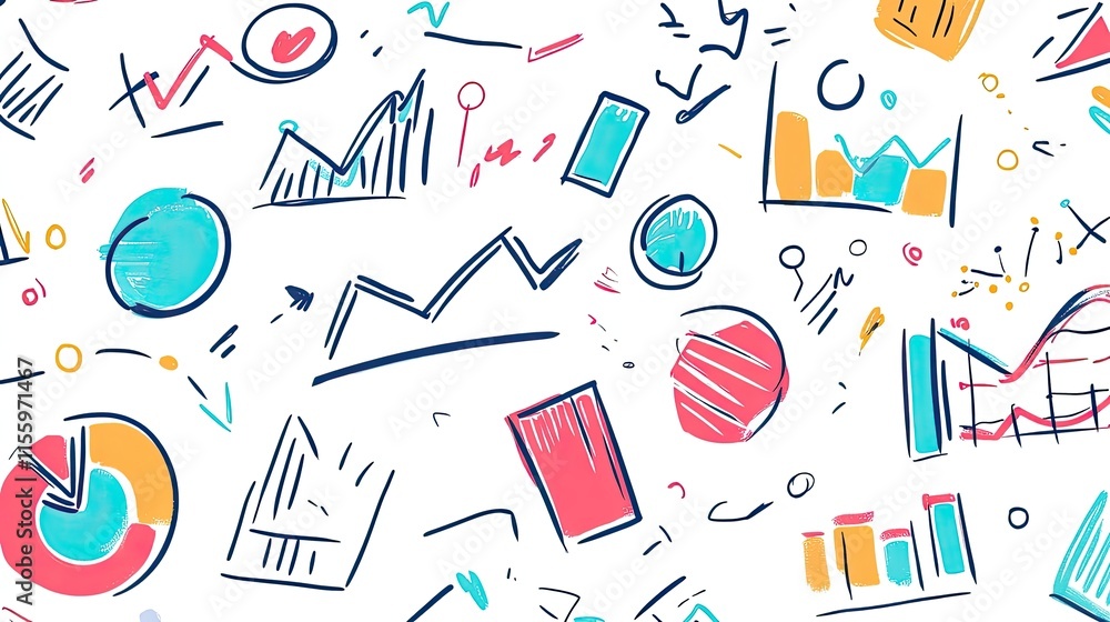 Colorful hand-drawn charts and graphs on a white background. A playful and creative business concept. Colorful hand-drawn charts and graphs on a white background. A playful and creative business concept.
