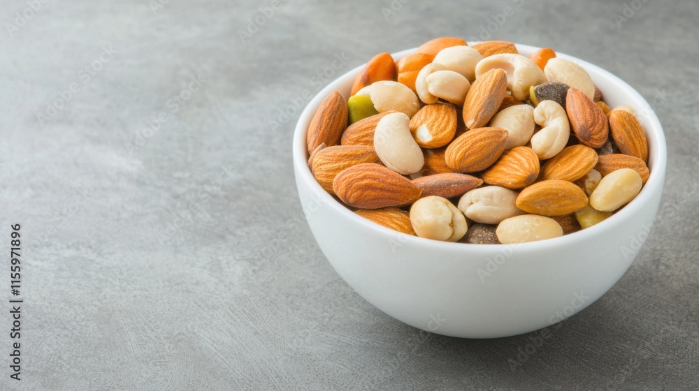 Healthy snacking habits with mixed nuts in a white bowl on a gray background Healthy snacking habits with mixed nuts in a white bowl on a gray background