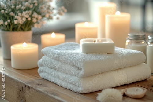 Cozy spa setting with candles and stacked towels beside window