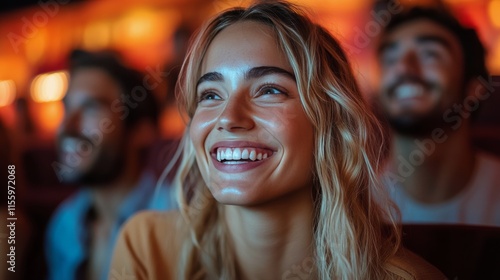Smiling young woman enjoying a lively atmosphere in a vibrant setting