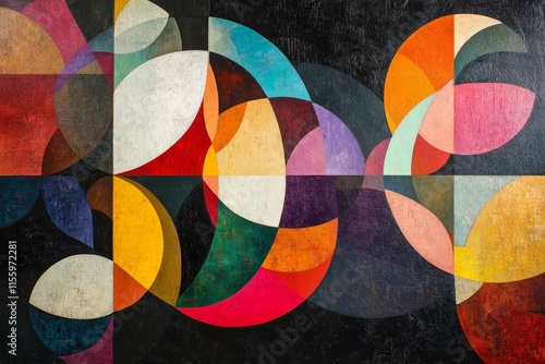 Colorful abstract artwork featuring geometric shapes and vibrant hues in a st...