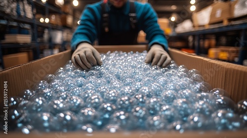 Worker arranging blue glass marbles in a large cardboard box in a warehouse s...