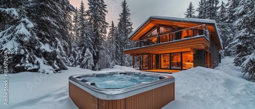 Cozy wooden cabin with hot tub in snow-covered forest during twilight photo