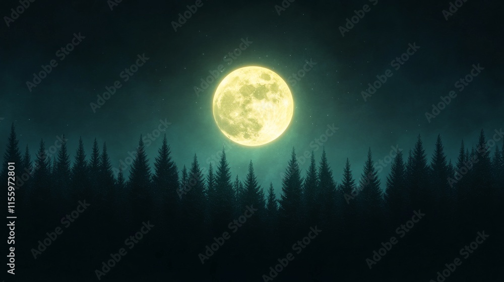 Fototapeta premium Bright full moon illuminating pine forest silhouette in night sky