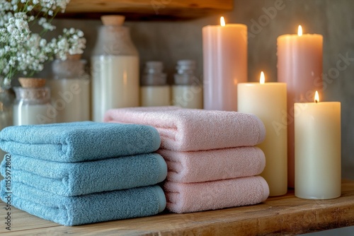 Cozy spa setting with candles and stacked towels beside window