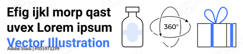 Placeholder text next to a medical vial, 360-degree rotation symbol, and a wrapped gift box with blue ribbon. Ideal for design concepts, medical themes, packaging ideas, virtual reality, animation