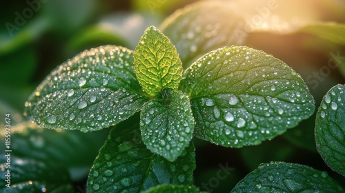 Dew drops glistening on green leaves in a tranquil setting during early morni...
