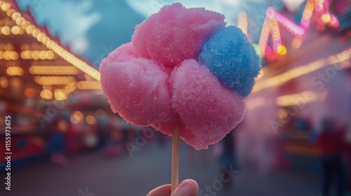 Colorful cotton candy held at a lively fairground during sunset
