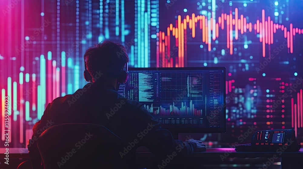 A young man sits in front of a computer screen filled with data, the background glows with vibrant pink and blue hues. A young man sits in front of a computer screen filled with data, the background glows with vibrant pink and blue hues.