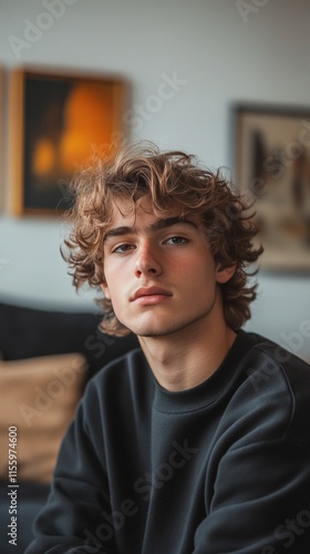 Young man with curly hair poses thoughtfully in a cozy indoor setting