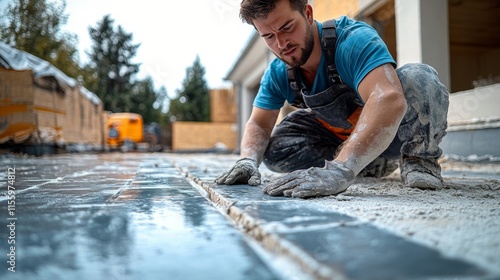 Construction worker laying tiles at a building site during sunny day in summer