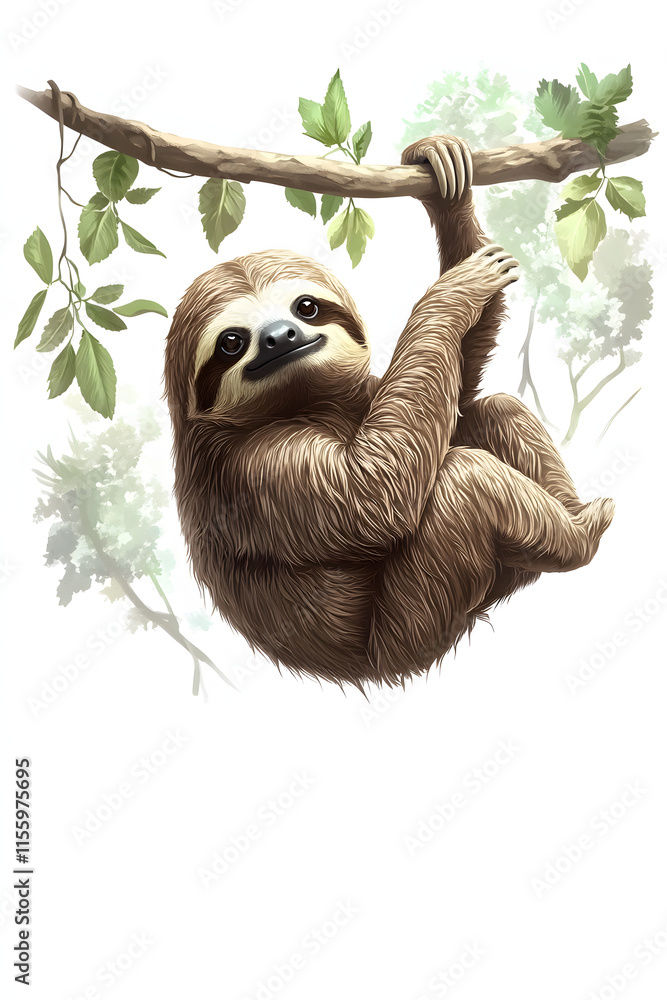 Fototapeta premium Amazon Animals, Sloth in the Forest, Art, Image, with Transparent Background PNG, for Stickers, T-Shirt Print, Cap, Mug, Flip Flops, Mousepad, Transparent PNG