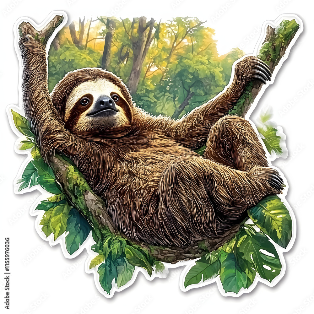 Fototapeta premium Amazon Animals, Sloth in the Forest, Art, Image, with Transparent Background PNG, for Stickers, T-Shirt Print, Cap, Mug, Flip Flops, Mousepad, Transparent PNG