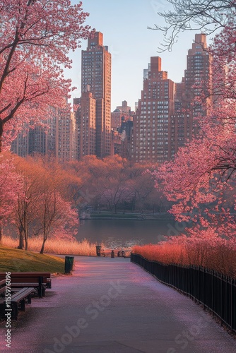 Beautiful cherry blossom trees along a pathway with city skyline view at sunrise