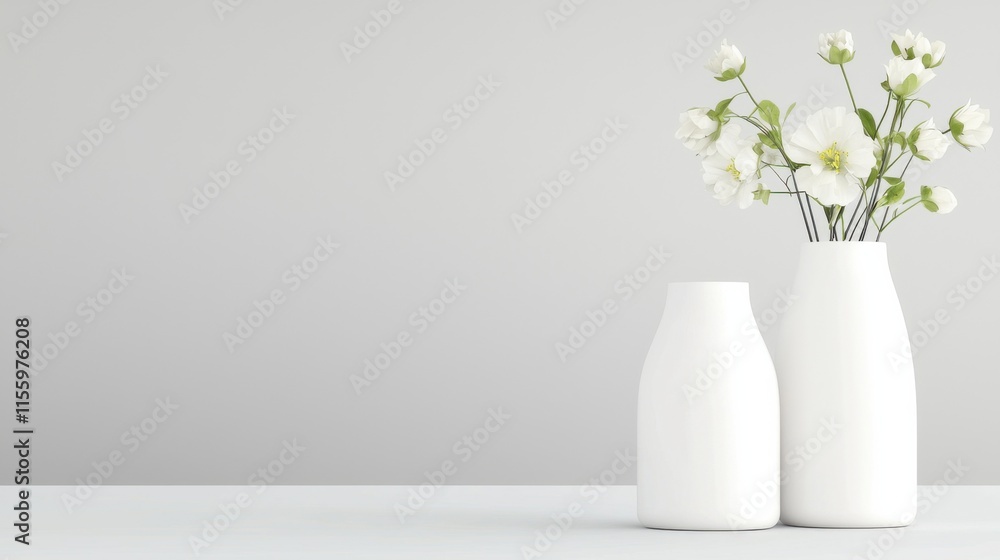 Minimalist spring decor with white ceramic vase and blooming flowers for interior design Minimalist spring decor with white ceramic vase and blooming flowers for interior design