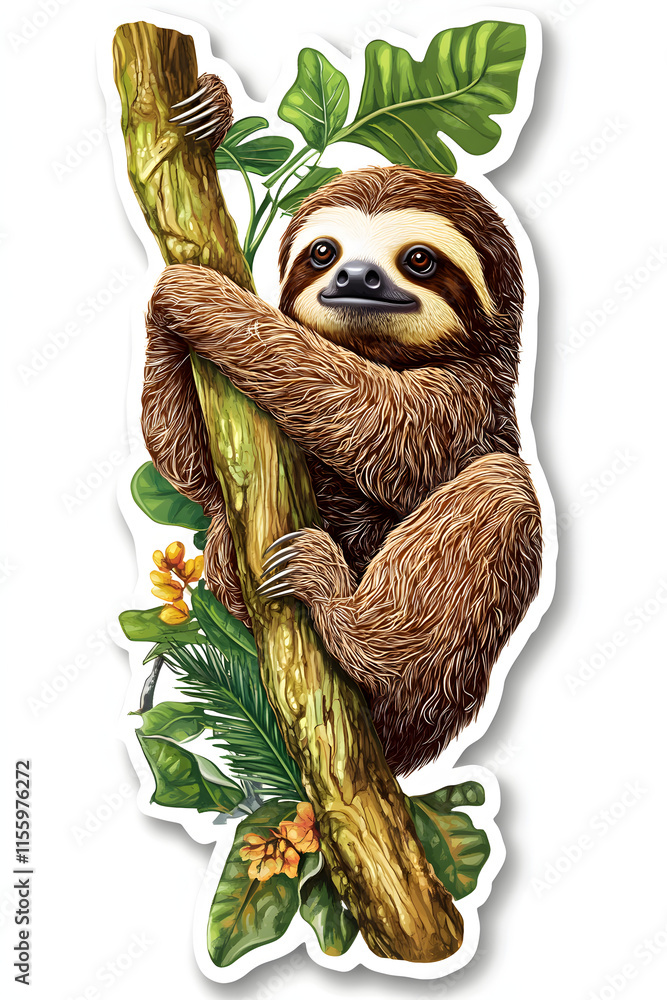 Fototapeta premium Amazon Animals, Sloth in the Forest, Art, Image, with Transparent Background PNG, for Stickers, T-Shirt Print, Cap, Mug, Flip Flops, Mousepad, Transparent PNG
