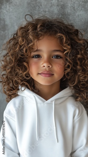 Young girl with curly hair wearing white hoodie against neutral background