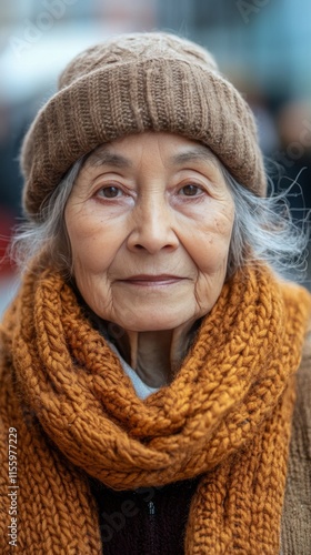 Elderly woman wearing a cozy sweater and scarf, showcasing a warm expression ...