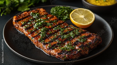 Grilled steak with chimichurri sauce and lemon.
