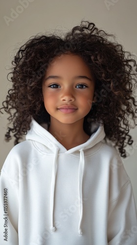 Young girl with curly hair wearing white hoodie against neutral background