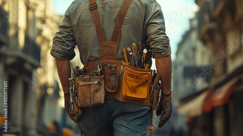 Construction worker walking down muddy street at sunset with tools in belt