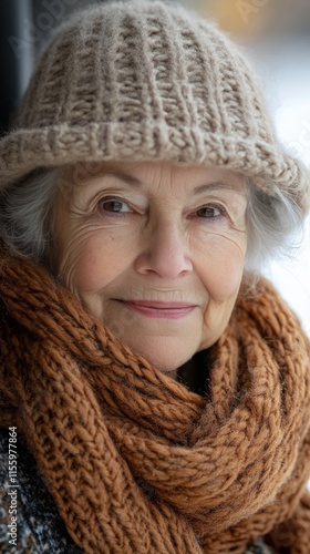 Elderly woman wearing a cozy sweater and scarf, showcasing a warm expression ...