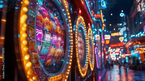 Vibrant fairground at dusk with colorful lights and spinning rides