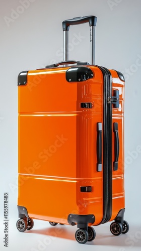 Bright orange travel suitcase with wheels and extendable handle for convenien...